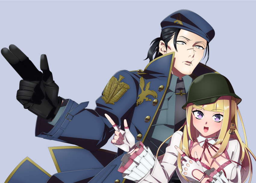 1boy, 1girl, beret, black_hair, blonde_hair, emilie_de_rochefort, fingerless_gloves, frilled_sleeves, frills, gloves, hat, helmet, hikaru_pict, long_sleeves, neck_ribbon, necktie, open_mouth, ribbon, scar, sergei_dragunov, simple_background, tekken