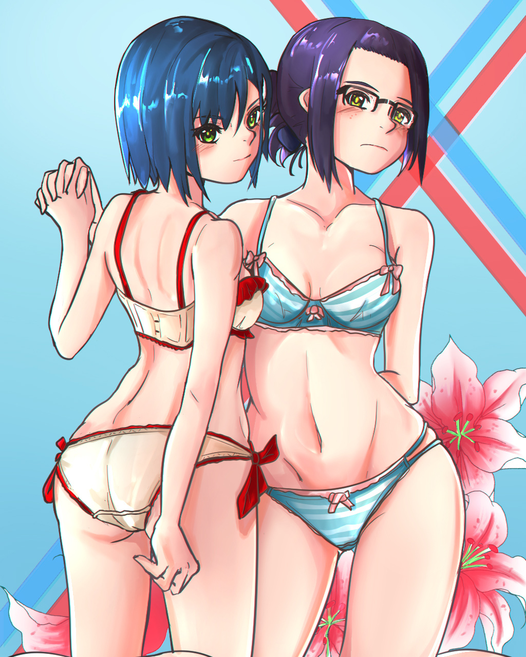 10s, 2girls, arm_behind_back, ass, back, bad_id, bad_pixiv_id, belt