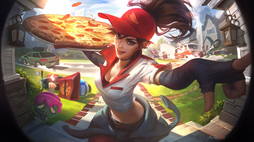 1girl, alex_flores, alternate_costume, amumu, annie_(league_of_legends), baseball_cap, belt, birdio