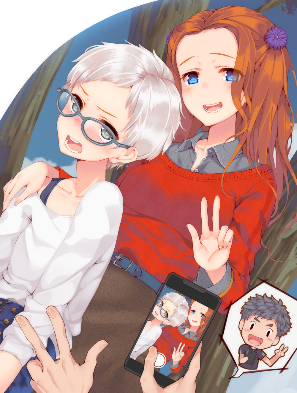 1boy, 1girl, 2girls, :d, arms_at_sides, back-to-back, belt, black_hair, blue-framed_eyewear, blue_background, blue_eyes, blue_skirt, blush, brown_skirt, camera_phone, cellphone, chibi, diana_(kyokugen_dasshutsu), family, flower, glasses, grey_eyes, hair_flower, hair_ornament, hand_on_another's_shoulder, high-waist_shorts, highres, jewelry, kazuzu, kyokugen_dasshutsu, long_hair, long_sleeves, looking_at_viewer, multiple_girls, necklace, open_mouth, phi_(kyokugen_dasshutsu), phone, red_hair, red_sweater, shirt, short_hair, shorts, sigma_(kyokugen_dasshutsu), skirt, smile, spoken_character, sweater, tree, v, white_hair, white_shirt, zero_escape:_toki_no_dilemma
