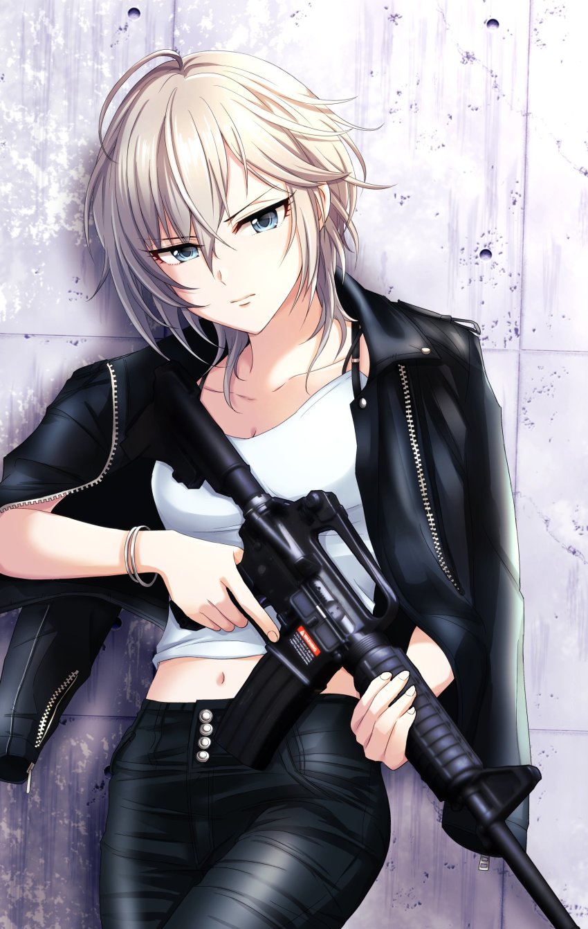 1girl, absurdres, against_wall, air_gun, airsoft, airsoft_gun, anastasia_(idolmaster), assault_rifle, blue_eyes, bracelet, breasts, commentary, concrete, female_focus, fingernails, gun, highres, holding, holding_gun, holding_weapon, idolmaster, idolmaster_cinderella_girls, jacket, jacket_on_shoulders, jewelry, leather, leather_jacket, leather_pants, midriff, navel, pants, popon_ta, rifle, serious, shirt, short_hair, small_breasts, solo, tank_top, unzipped, wall, weapon, weapon_request, white_hair, white_shirt, zipper, zipper_pull_tab