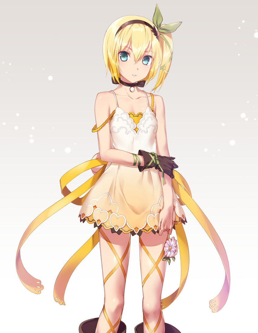 1girl, black_gloves, black_hairband, black_ribbon, blonde_hair, blue_eyes, bow, breasts