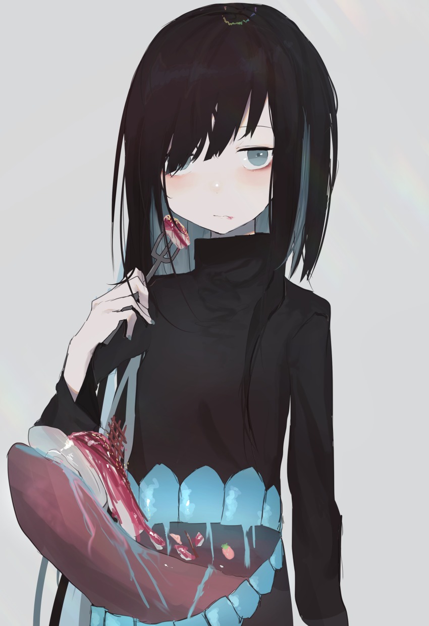 1girl, absurdres, bags_under_eyes, bioluminescence, black_hair, blue_hair, eating, extra_mouth