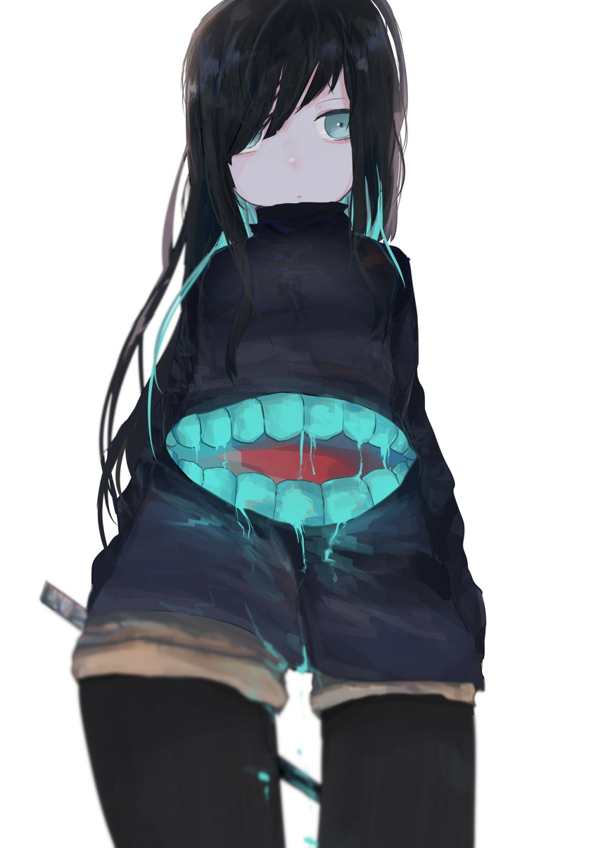 1girl, absurdres, bags_under_eyes, bioluminescence, black_hair, black_pantyhose, blue_hair, drooling