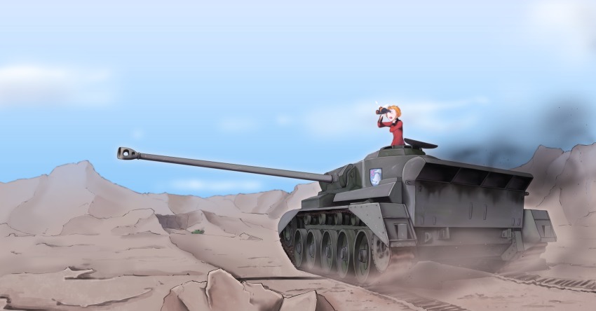 10s, 1girl, artist_request, binoculars, blue_eyes, caterpillar_tracks, churchill_(tank), cloud