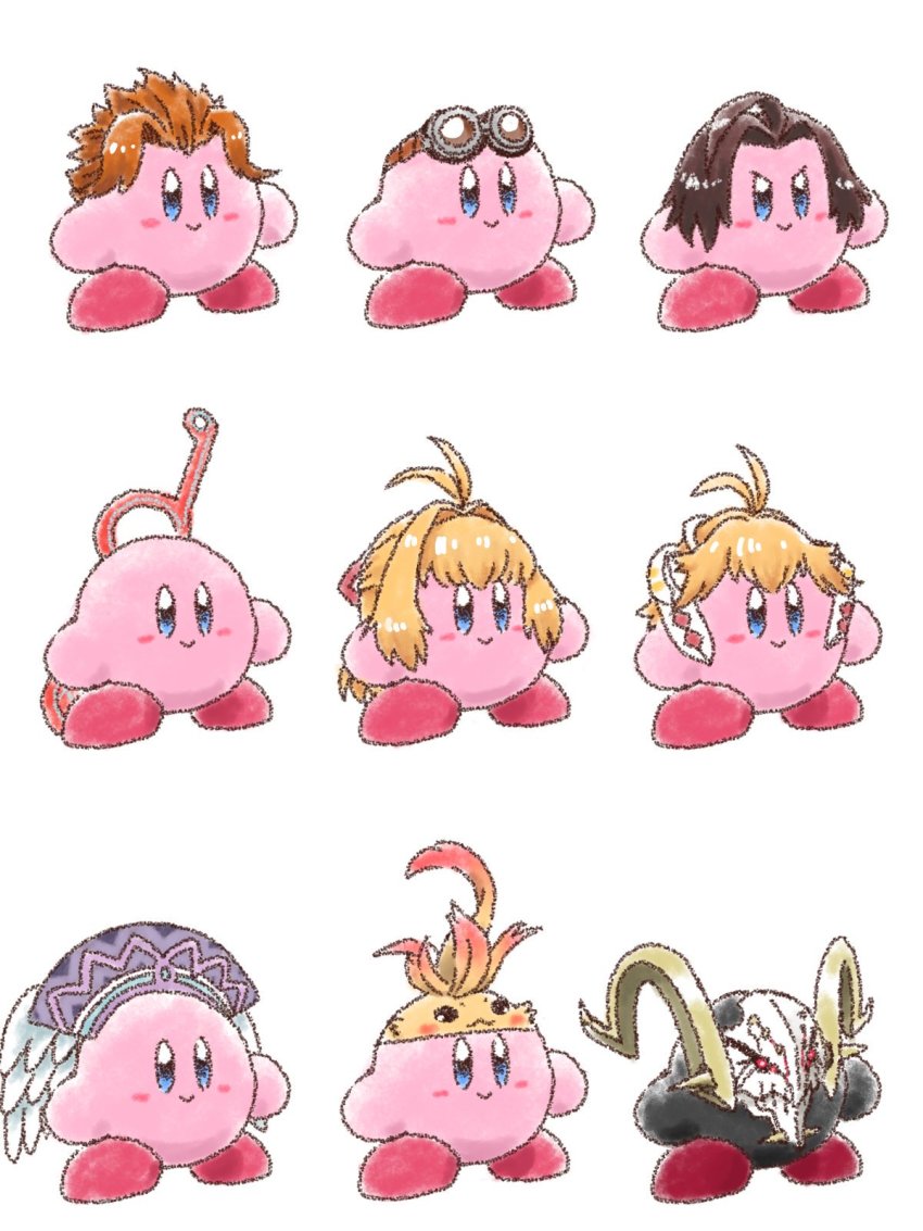 1other, armor, artist_request, black_hair, blonde_hair, blue_eyes, brown_hair, curly_hair, dual_persona, duban, dunban_(xenoblade), fiora_(xenoblade), glasses, goggles, head_wings, highres, kirby, kirby_(series), looking_at_viewer, mask, melia_antiqua, metal_face_(xenoblade), monado, mumkhar_(xenoblade), nintendo, nopon, reyn_(xenoblade), riki_(xenoblade), sharla_(xenoblade), shulk_(xenoblade), simple_background, smile, super_smash_bros., sword, weapon, white_background, white_hair, wings, xenoblade_chronicles_(series), xenoblade_chronicles_1