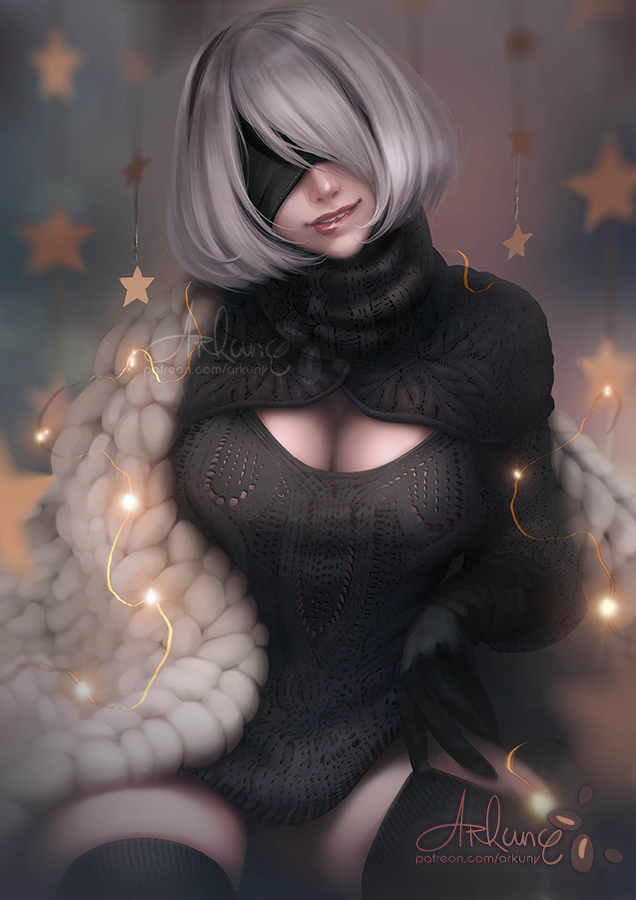 1girl, 2b_(nier:automata), arkuny, artist_name, black_capelet, black_gloves, black_hairband, black_sweater