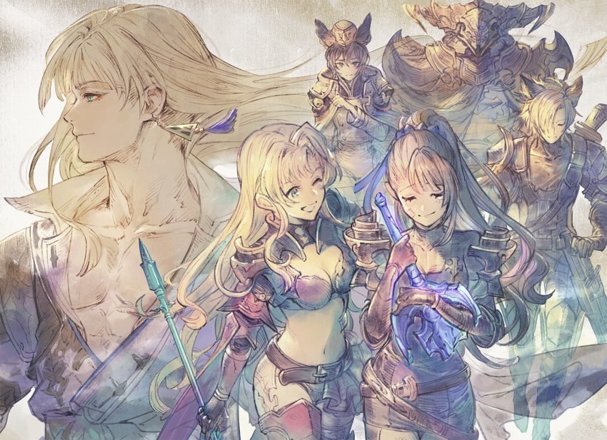3boys, 3girls, :d, alternate_costume, alternate_hairstyle, armor, beatrix_(granblue_fantasy), belt