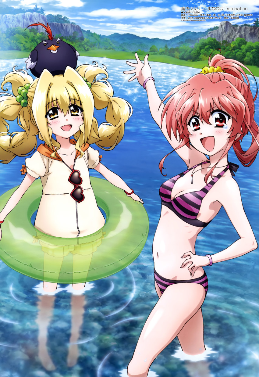 2girls, :d, absurdres, animal, animal_on_head, bare_shoulders, bikini, bird, bird_on_head, black_bow, blonde_hair, blue_sky, blush, bow, bow_bikini, bracelet, breasts, cloud, cloudy_sky, collarbone, creature_on_head, day, eyes_visible_through_hair, fingernails, green_eyes, hair_between_eyes, hair_bobbles, hair_ornament, hair_rings, hair_scrunchie, hairstyle_request, hand_on_own_hip, heart, heart-shaped_eyewear, highres, hirahara_minami, holding, holding_swim_ring, innertube, iris_(nanoha), jacket, jewelry, lake, long_hair, looking_at_viewer, lyrical_nanoha, magazine_scan, mahou_shoujo_lyrical_nanoha_detonation, megami_magazine, mountain, multiple_girls, navel, necklace, official_art, on_head, open_mouth, outdoors, pigeon-toed, pink_hair, ponytail, presenting, red-framed_eyewear, red_eyes, rock, scan, scrunchie, shorts, sky, small_breasts, smile, sparkle, standing, strap_gap, striped_bikini, striped_clothes, swim_ring, swimsuit, tears, tongue, tree, wading, white_jacket, yellow_eyes, yellow_scrunchie, yellow_shorts, yuri_eberwein