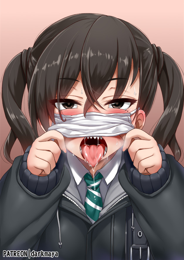 1girl, artist_name, black_jacket, blush, brown_hair, darkmaya, drawstring, fangs, female_focus, hair_between_eyes, half-closed_eyes, holding, idolmaster, idolmaster_cinderella_girls, jacket, mask, mask_lift, mole, mole_under_eye, mouth_mask, necktie, no_uvula, oral_invitation, patreon_username, pink_background, saliva, sharp_teeth, shirt, short_hair, short_twintails, solo, striped_clothes, striped_necktie, striped_neckwear, sunazuka_akira, surgical_mask, teeth, tongue, tongue_out, twintails, upper_body, white_shirt