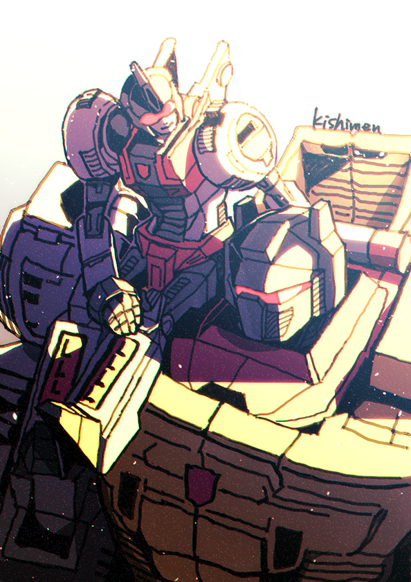 1boy, 1girl, autobot, borezet, dinobots_(g1), grimlock, machinery, no_humans