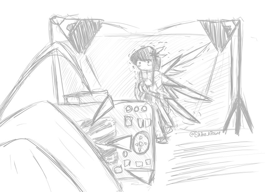 1boy, 1girl, absurdres, black_eyes, black_hair, cosplay, costume, greyscale