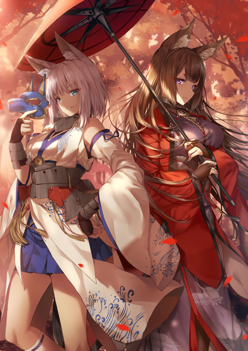 2girls, amagi_(azur_lane), animal_ears, animal_print, azur_lane, blue_eyes, blue_skirt, blunt_bangs
