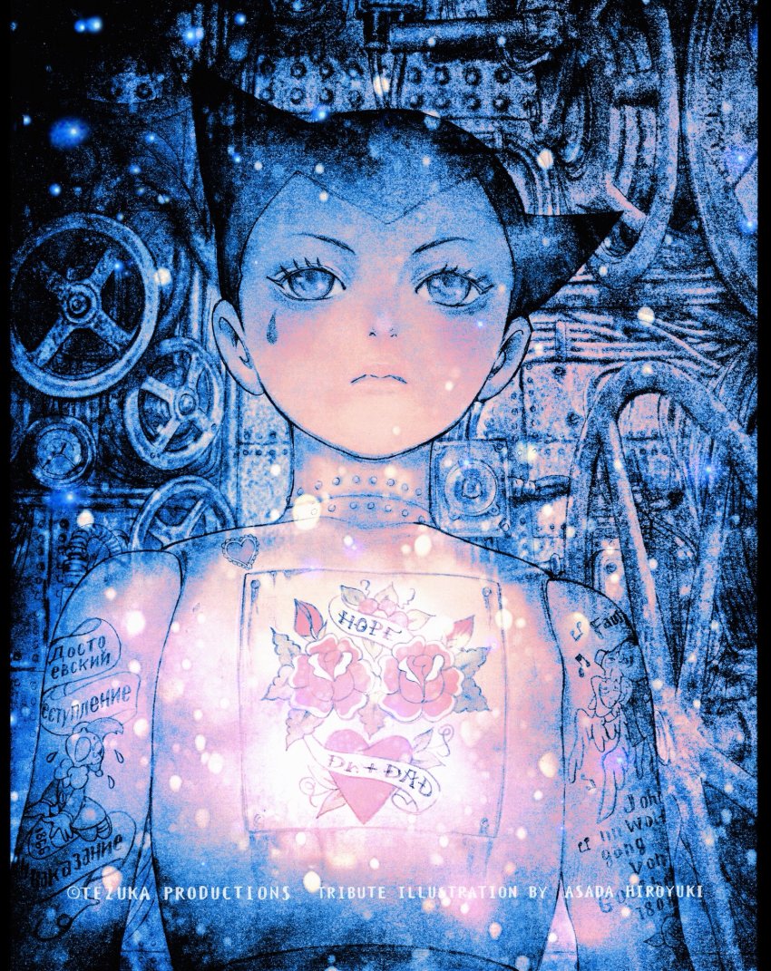 1boy, android, arm_tattoo, artist_name, asada_hiroyuki, atom_(tetsuwan_atom), black_hair, blue_theme, chest_tattoo, closed_mouth, company_name, crime_and_punishment, english_text, expressionless, eyelashes, facial_tattoo, fireflies, floral_print, flower, flower_tattoo, german_text, heart, heart_tattoo, highres, looking_at_viewer, male_focus, musical_note, muted_color, official_art, pillarboxed, red_flower, red_rose, robot, rose, russian_text, solo, spiked_hair, tattoo, teardrop, teardrop_tattoo, tetsuwan_atom, valve