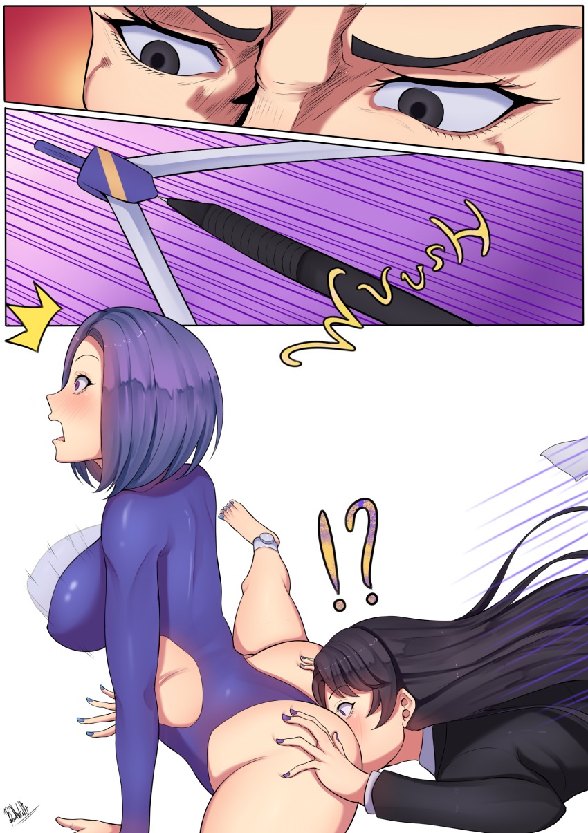 !?, 2girls, ^^^, absurdres, anklet, artist_self-insert, ass, band-width