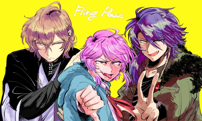 3boys, amemura_ramuda, arisugawa_dice, blue_eyes, blue_hair, brown_hair, eyelashes, fang