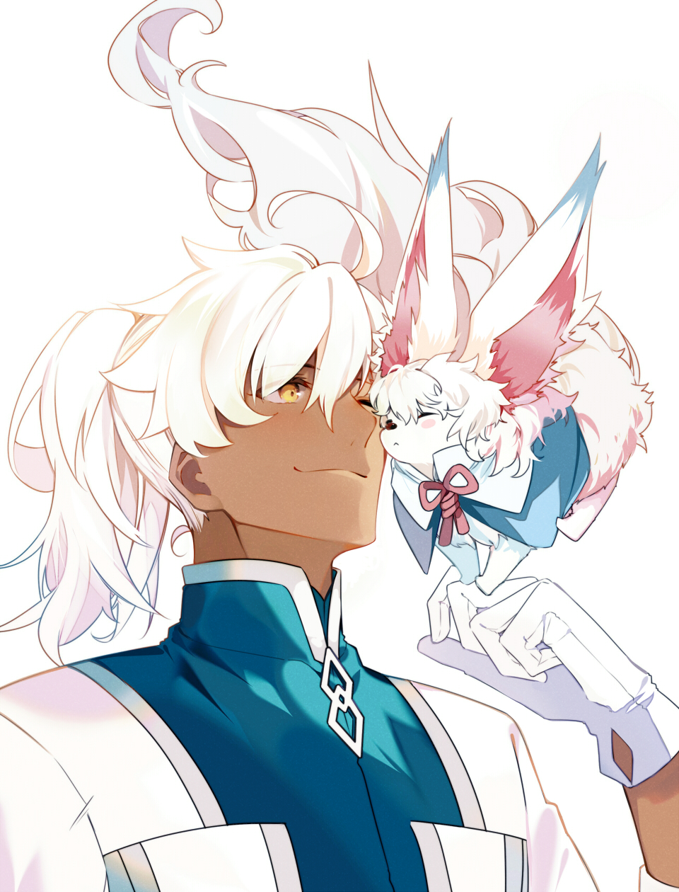 1boy, :3, alternate_eye_color, alternate_hair_color, alternate_skin_color, animal, animal_on_arm, arlizi