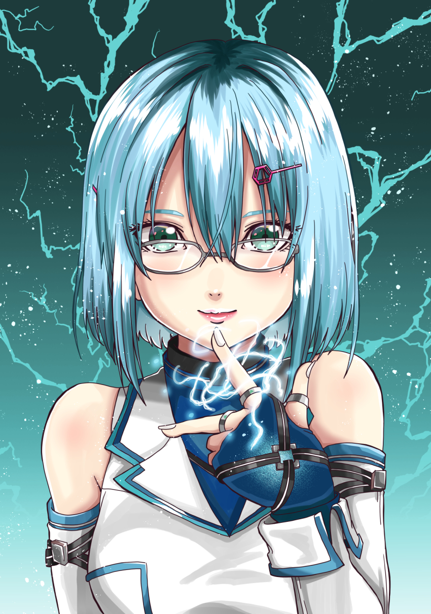 1girl, aqua_eyes, aqua_hair, bare_shoulders, commentary_request, dead_or_alive, dead_or_alive_6, electricity