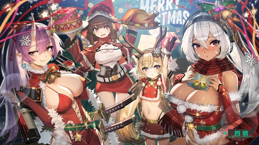 4girls, alternate_breast_size, alternate_costume, antlers, arm_up, azur_lane, bare_shoulders, bell