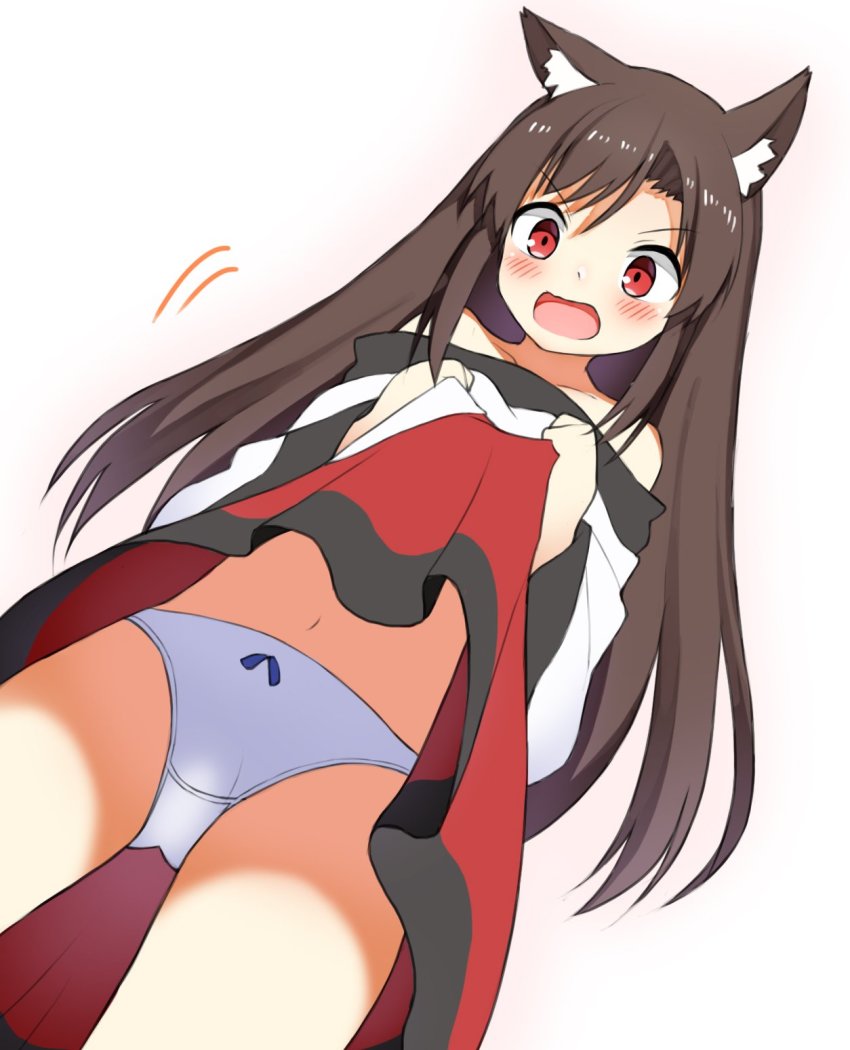 >:o, 1girl, animal_ear_fluff, animal_ears, bare_shoulders, brown_hair, clothes_lift, commentary_request