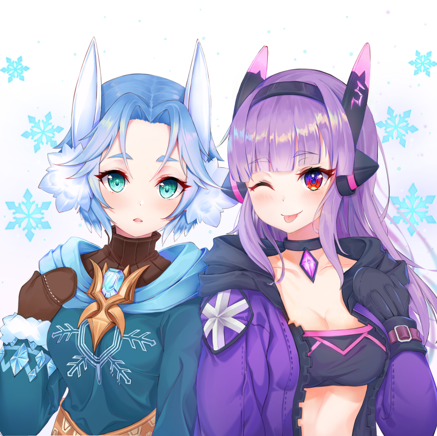 2girls, absurdres, animal_ear_fluff, animal_ears, artist_request, bad_id, bad_pixiv_id, bandeau, black_choker, black_hairband, black_mittens, blue_hair, blue_jacket, blush, breasts, brooch, brown_mittens, brown_sweater, challenger_dominiel_(epic_seven), choker, cleavage, closed_mouth, collarbone, commentary_request, crop_top, dominiel_(epic_seven), epic_seven, hairband, hand_up, head_tilt, headgear, highres, hood, hooded_jacket, jacket, jewelry, lebring, long_hair, long_sleeves, looking_at_viewer, medium_breasts, mittens, multiple_girls, one_eye_closed, open_clothes, open_jacket, parted_bangs, parted_lips, purple_hair, purple_jacket, ribbed_sweater, short_hair, side-by-side, sidelocks, smile, snowflakes, stomach, sweater, tongue, tongue_out, turtleneck, turtleneck_sweater, upper_body, white_background, zipper