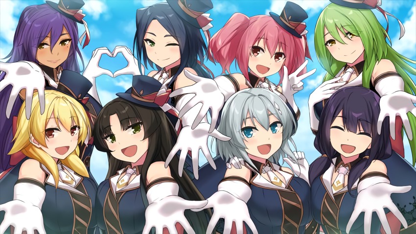 6+girls, black_hair, blonde_hair, blue_eyes, breasts, brown_hair, female_focus, fuma_lily