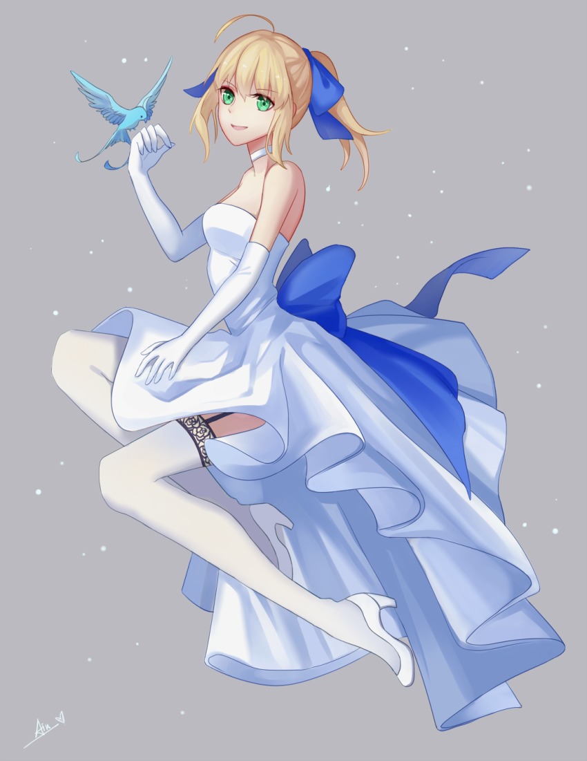1girl, ahoge, ain_(3990473), artoria_pendragon_(fate), back_bow, bird, blonde_hair, blue_bow
