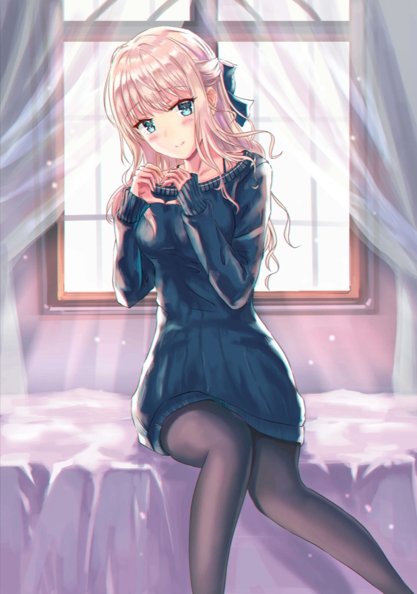 1girl, bed, black_pantyhose, blonde_hair, blue_eyes, blue_sweater, blush, bow