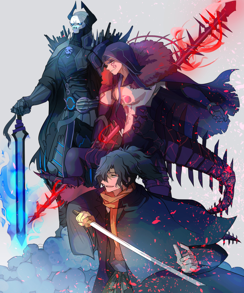 3boys, absurdres, armor, azrael_(sword)_(fate), black_hair, blue_hair, brown_scarf, cape