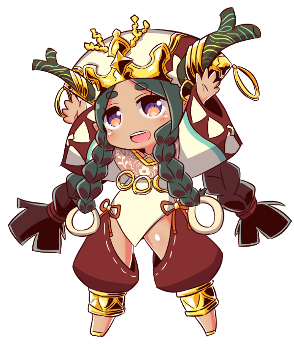 1girl, :d, antlers, arms_up, blush, braid, brown_pants, character_request