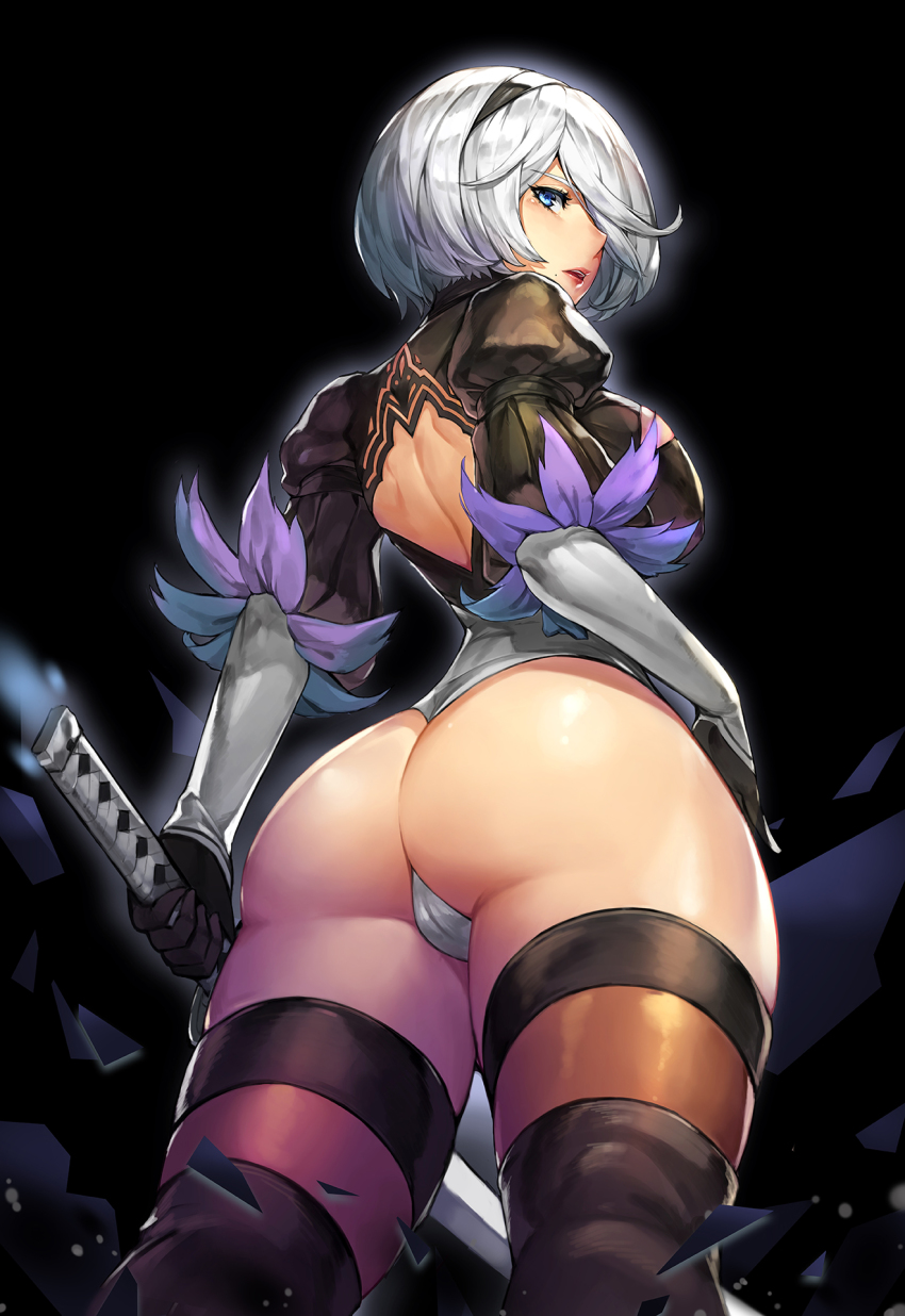 1girl, 2b_(nier:automata), alternate_breast_size, ass, ass_focus, black_background, black_boots, blue_eyes