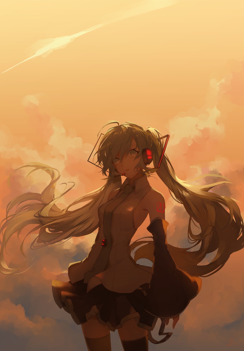1girl, absurdres, ahoge, bare_shoulders, black_skirt, black_sleeves, black_thighhighs, breasts, cloud, cloudy_sky, collared_shirt, commentary_request, detached_sleeves, female_focus, green_eyes, green_hair, green_necktie, hair_ornament, hatsune_miku, head_tilt, headphones, headset, highres, long_hair, long_sleeves, necktie, orange_sky, outdoors, pleated_skirt, saihate_(d3), shinkai_summit_(vocaloid), shirt, skirt, sky, sleeveless, sleeveless_shirt, sleeves_past_wrists, small_breasts, solo, sunset, thighhighs, twintails, very_long_hair, vocaloid, white_shirt, wide_sleeves