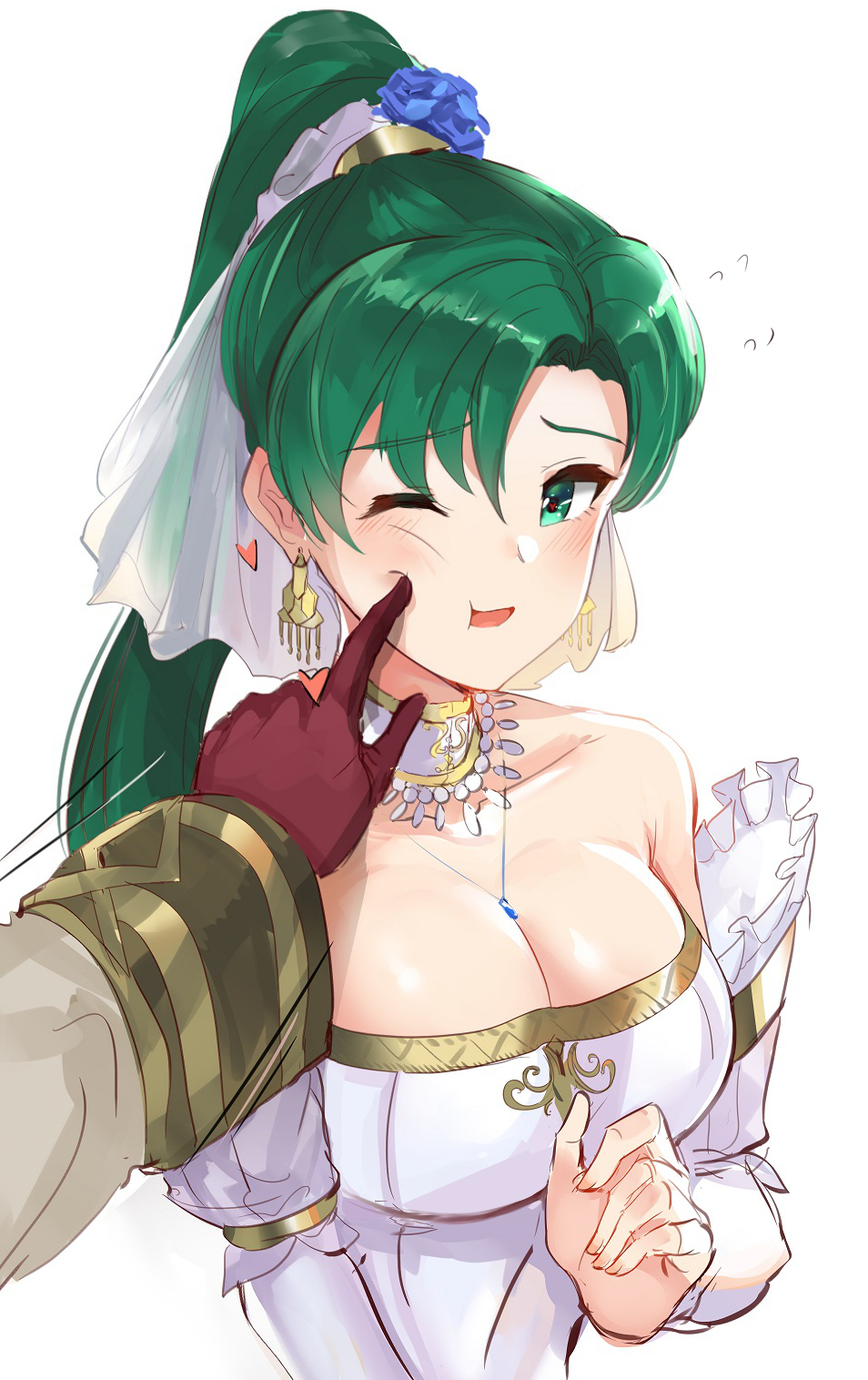1girl, bare_shoulders, blush, breasts, bridal_veil, bride, cheek_poking, cleavage