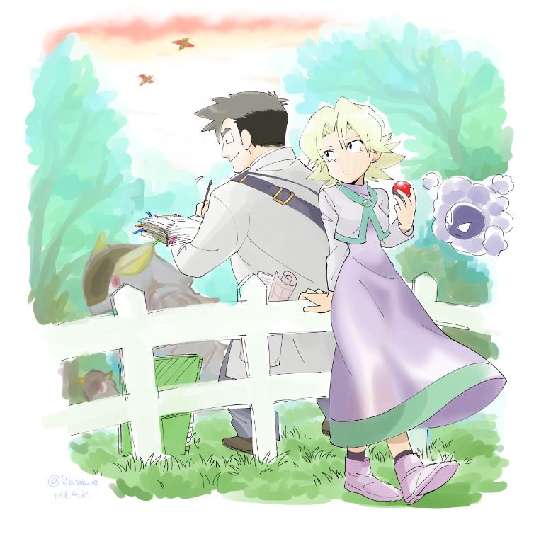 1boy, 1girl, agatha_(pokemon), aged_down, bad_id, bad_pixiv_id, ball, bird, cloud, creature, dress, fence, flying, full_body, gastly, gen_1_pokemon, ghost, grass, holding, holding_ball, holding_poke_ball, kangaskhan, kibisakura, long_dress, nintendo, outdoors, parted_bangs, plant, poke_ball, poke_ball_(basic), pokemon, pokemon_(creature), pokemon_adventures, purple_dress, professor_oak, shoes, sky, spearow, standing, tree