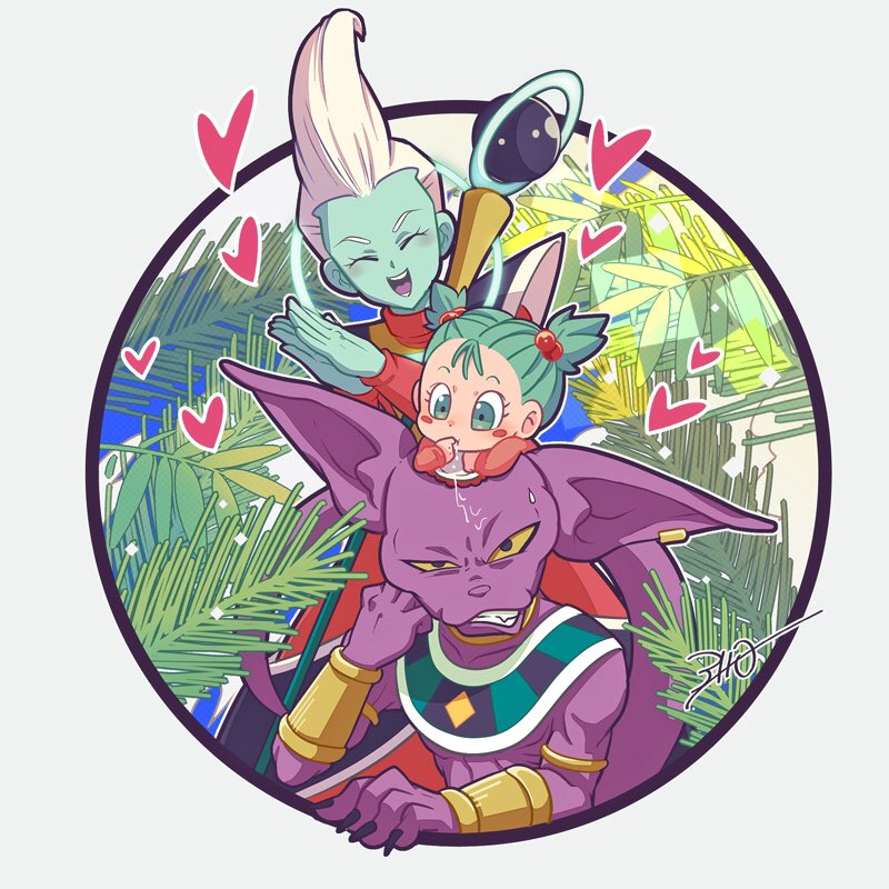 10s, 1girl, 2boys, 3llo_3, :d, ^_^, annoyed, baby, beerus, blue_eyes, blue_hair, blush, blush_stickers, bra_(dragon_ball), clenched_teeth, closed_eyes, dragon_ball, dragon_ball_super, dragon_ball_super_broly, drooling, expressionless, finger_to_mouth, grey_background, hand_rest, heart, looking_away, multiple_boys, open_mouth, outside_border, own_hands_together, saliva, simple_background, smile, staff, sweatdrop, teeth, twintails, whis, white_hair