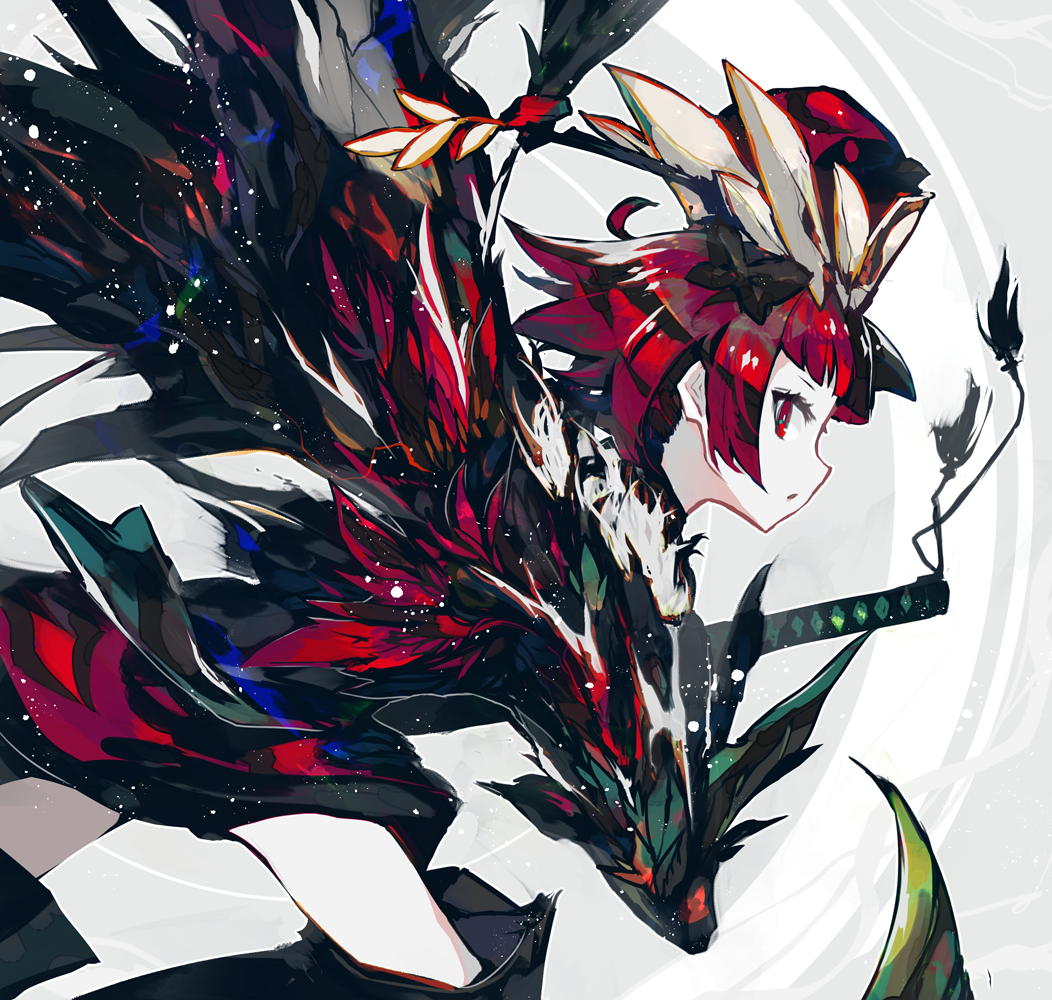 1girl, beni-enma, beni-enma_(third_ascension), fate/grand_order, fate_(series), feather-trimmed_sleeves, female_focus, hat