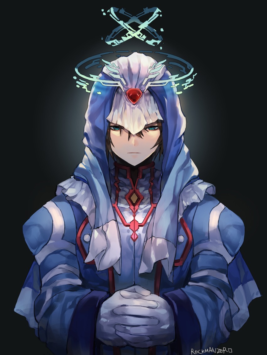 1boy, alternate_costume, aqua_eyes, blue_eyes, brown_hair, capuano_gabriela, copyright_name, cyber_elf_x_(mega_man), dark_background, gloves, hair_between_eyes, halo, highres, hood, interlocked_fingers, male_focus, mega_man_(series), mega_man_zero_(series), own_hands_clasped, own_hands_together, robe, solo, white_gloves, x_(mega_man)