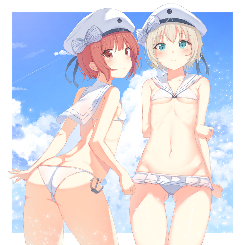 2girls, absurdres, anchor, ass, bad_id, bad_pixiv_id, bikini, bikini_skirt