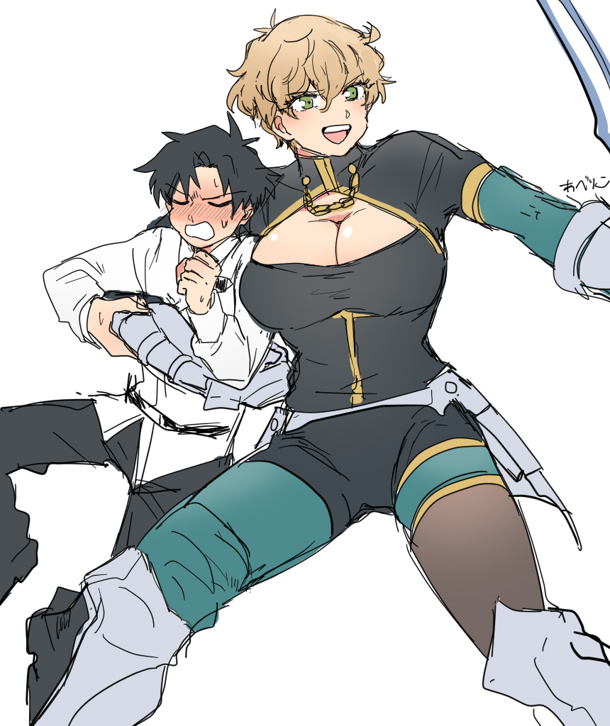 >:), 1boy, 1girl, abe_riko, black_hair, blush, breasts, brown_hair