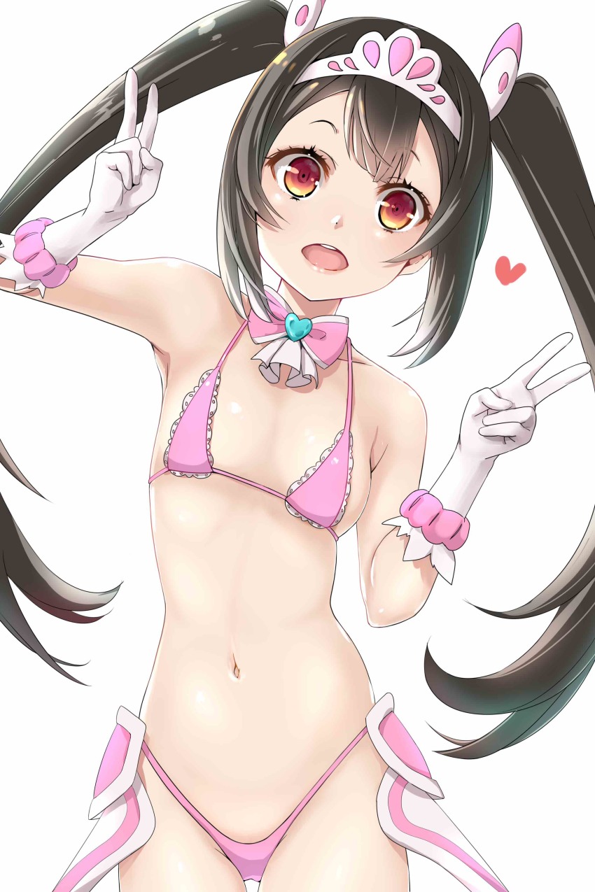 1girl, absurdres, armpits, bare_shoulders, bikini, black_hair, bow, double_v, egao_no_daika, female_focus, flat_chest, gloves, hair_ornament, heart, highres, kntrs_(knyrs), long_hair, looking_at_viewer, micro_bikini, navel, open_mouth, orange_eyes, pink_bikini, simple_background, smile, solo, swimsuit, teeth, thong, tiara, twintails, v, white_background, white_gloves, yuuki_soleil