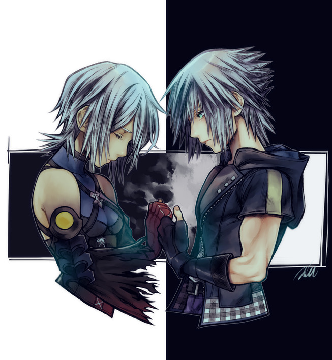 1boy, 1girl, aqua_(kingdom_hearts), belt, blue_hair, detached_sleeves, closed_eyes, fingerless_gloves