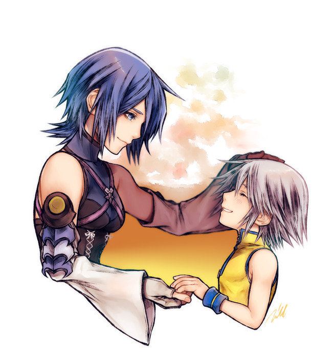 1boy, 1girl, aqua_(kingdom_hearts), blue_eyes, blue_hair, blush, detached_sleeves, closed_eyes