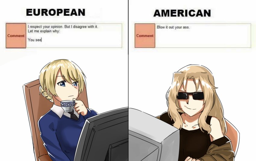 10s, black_neckwear, black_shirt, blonde_hair, blue_eyes, blue_sweater, braid, brown_jacket, chair, closed_mouth, commentary, cup, darjeeling_(girls_und_panzer), dress_shirt, english_commentary, english_text, frown, girls_und_panzer, hachikirra, hair_intakes, highres, holding, holding_cup, internet, jacket, kay_(girls_und_panzer), long_hair, long_sleeves, meme, military, military_uniform, monitor, necktie, off_shoulder, profanity, raised_eyebrow, saunders_military_uniform, school_uniform, shirt, smirk, st._gloriana's_school_uniform, sunglasses, sweater, tank_top, teacup, tinted_eyewear, truth, v-neck, white_shirt, wing_collar