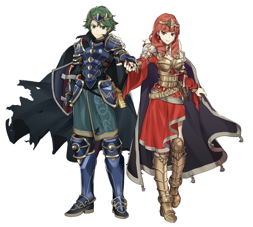 1boy, 1girl, absurdres, alm_(fire_emblem), alm_(saint-king)_(fire_emblem), armor, breasts, cape