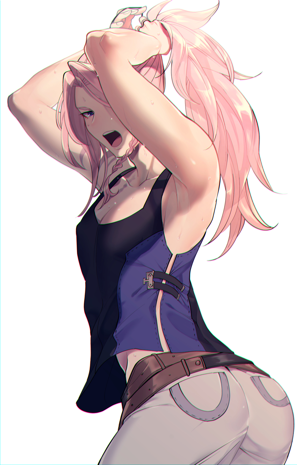 1boy, adjusting_hair, arched_back, armpits, ass, bad_id, bad_pixiv_id, braid, collarbone, covered_erect_nipples, eyelashes, granblue_fantasy, highres, long_hair, looking_at_viewer, male_focus, open_mouth, pectoral_cleavage, pectorals, pink_hair, pokosuka, randall_(granblue_fantasy), simple_background, sleeveless, undershirt, white_background