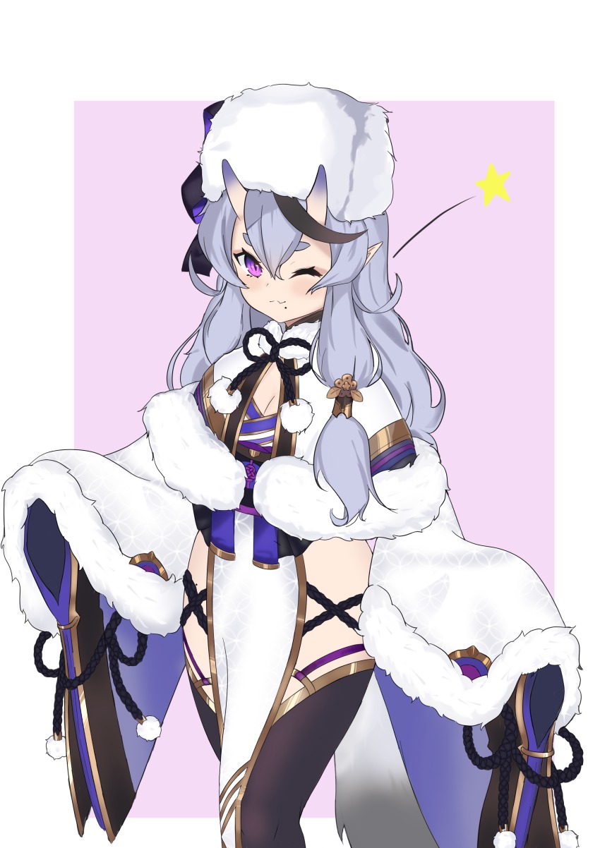 1girl, ;3, absurdres, black_thighhighs, blush, bow, breasts, cleavage, fang, fang_out, female_focus, fur_trim, grey_hair, hair_between_eyes, hair_bow, hair_tubes, haruumi301, hat, highres, horns, japanese_clothes, kimono, long_hair, long_sleeves, looking_at_viewer, medium_breasts, mole, mole_on_thigh, mole_under_mouth, nijisanji, no_panties, obi, one_eye_closed, oni, pelvic_curtain, pink_background, pointy_ears, purple_eyes, rindou_mikoto, rindou_mikoto_(2nd_costume), rope, sash, shimenawa, short_eyebrows, skin-covered_horns, sleeves_past_wrists, slit_pupils, smile, solo, star_(symbol), thigh_strap, thighhighs, virtual_youtuber, white_hat, white_kimono, wide_sleeves