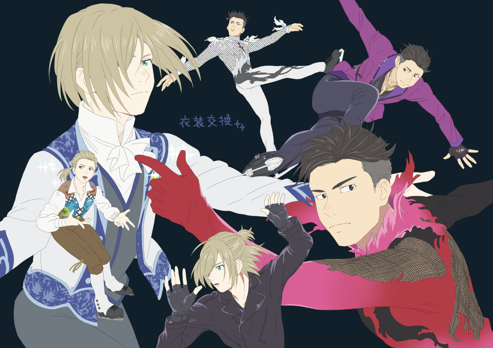 2boys, black_hair, blonde_hair, bodysuit, brown_eyes, cacao_(umri), cosplay, costume_switch