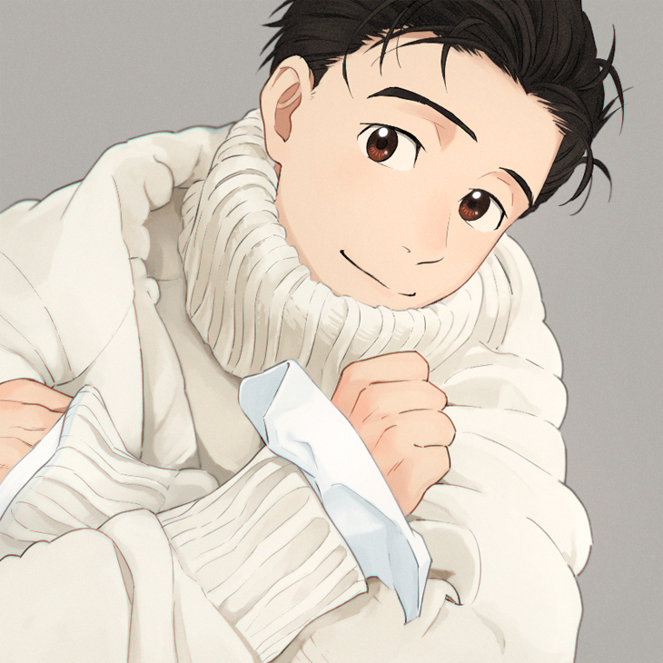 1boy, black_hair, brown_eyes, cacao_(umri), grey_background, hair_slicked_back, katsuki_yuuri, male_focus