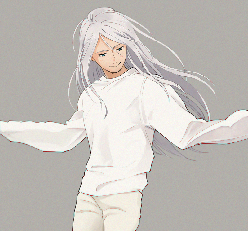 1boy, aged_down, blue_eyes, cacao_(umri), grey_background, looking_down, male_focus, pants, shirt, silver_hair, smile, solo, viktor_nikiforov, white_shirt, yuri!!!_on_ice