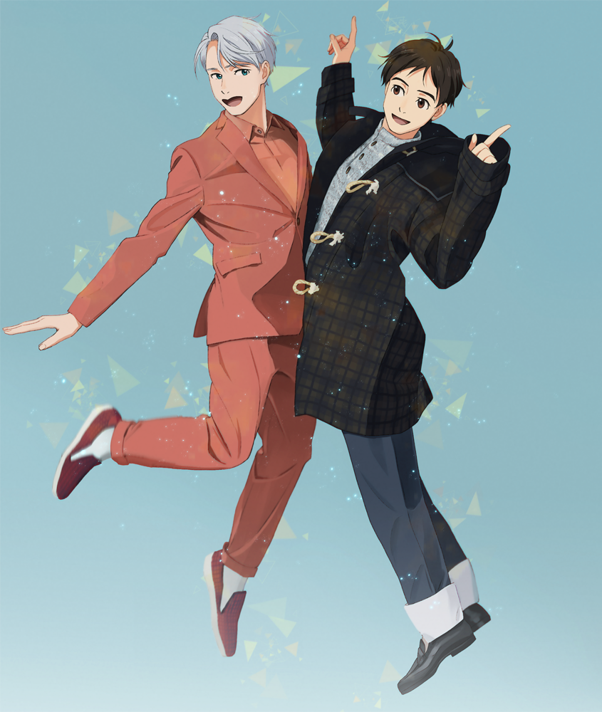 2boys, :d, black_hair, blazer, blue_background, blue_eyes, brown_eyes, cacao_(umri)